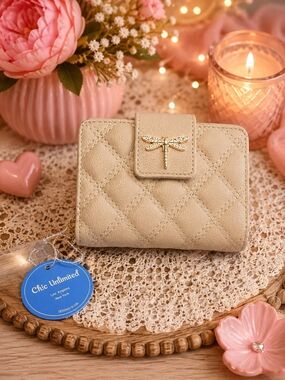Beige Quilted Wallet with Gold-tone bling Dragonfly Accent -NWT